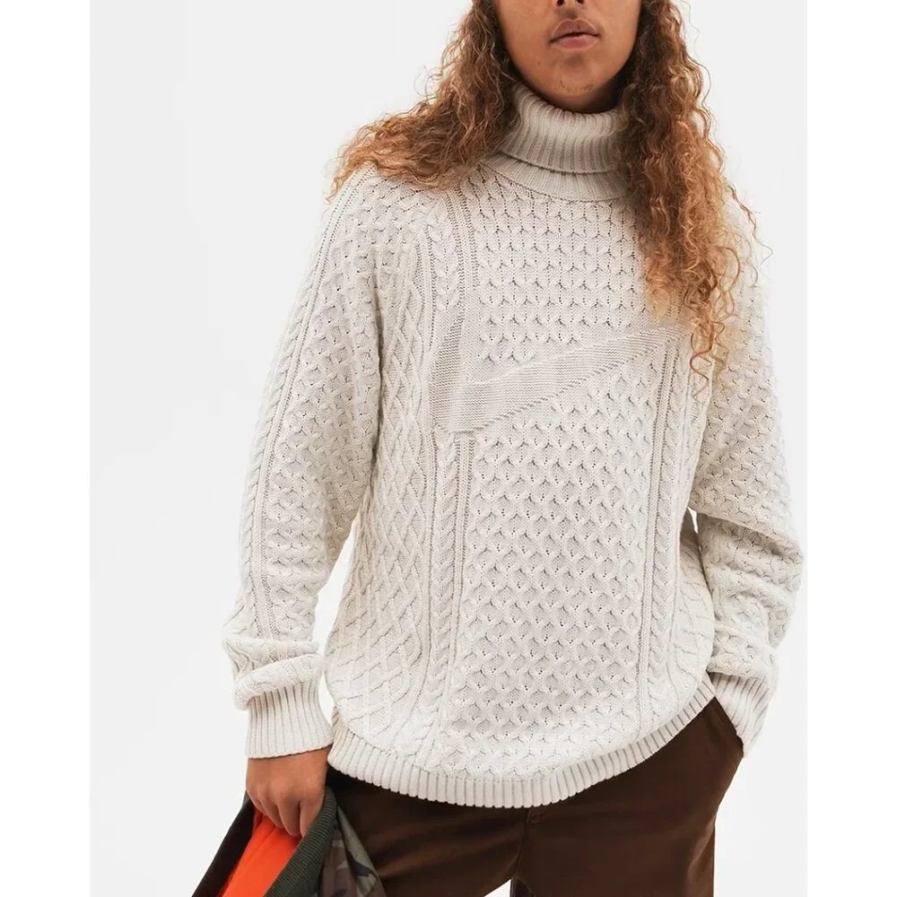 NWT Nike Life Mens Cable Knit Turtleneck Sweater Off White Chunky Relaxed Large - Picture 1 of 11